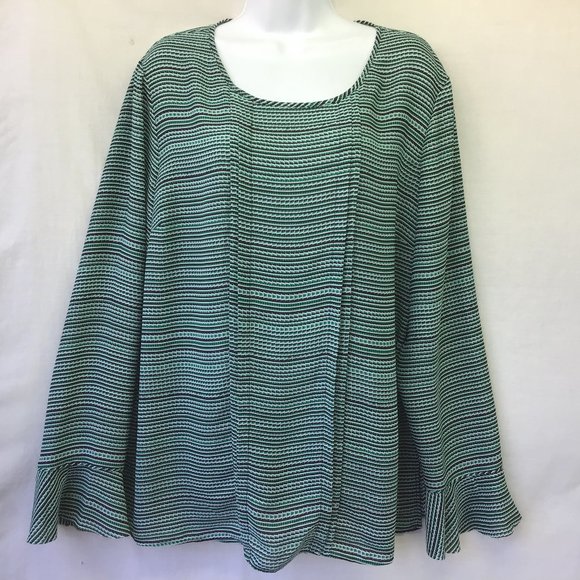 Liz Claiborne Women's Top Green Striped Long Sleeve Pleated Side Slits Tunic XL - Picture 1 of 7